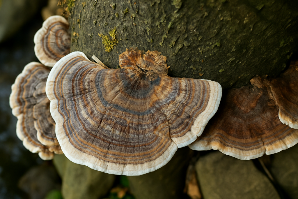 Close-up of UK-grown Turkey Tail mushroom (Trametes versicolor) showing natural banding and white rim