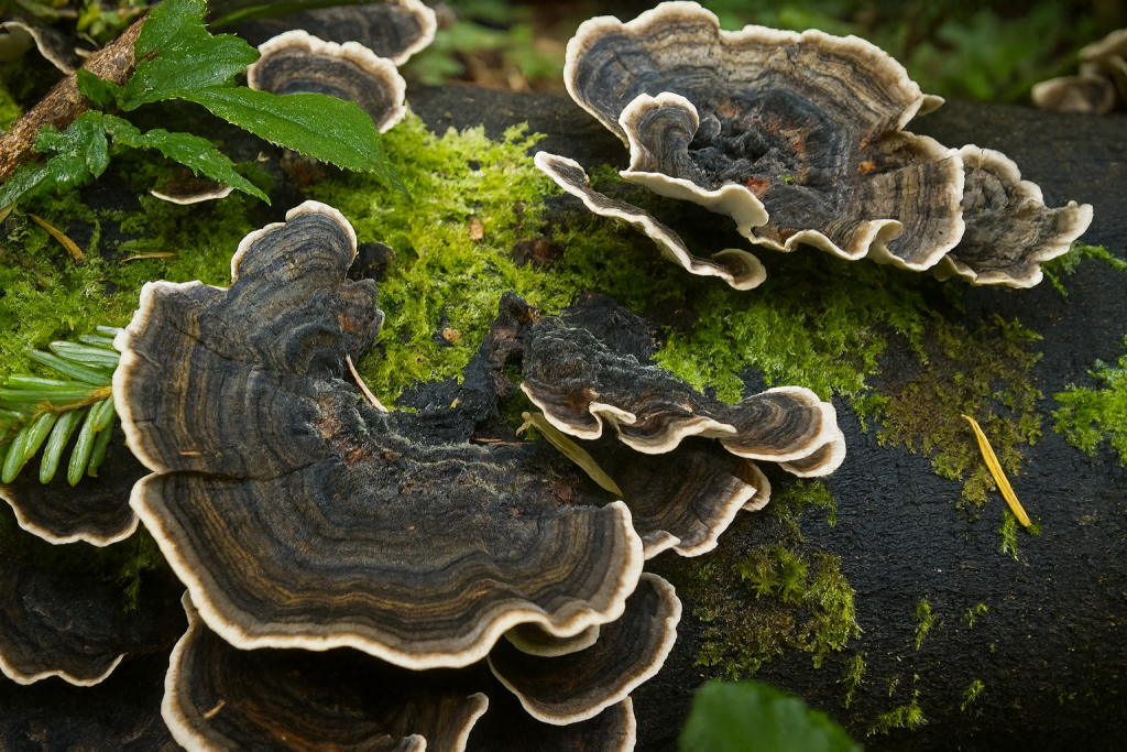 Wild turkey tail from the wild this is the mushroom we cultivate
Turkey Tail growing on a log in a forest
