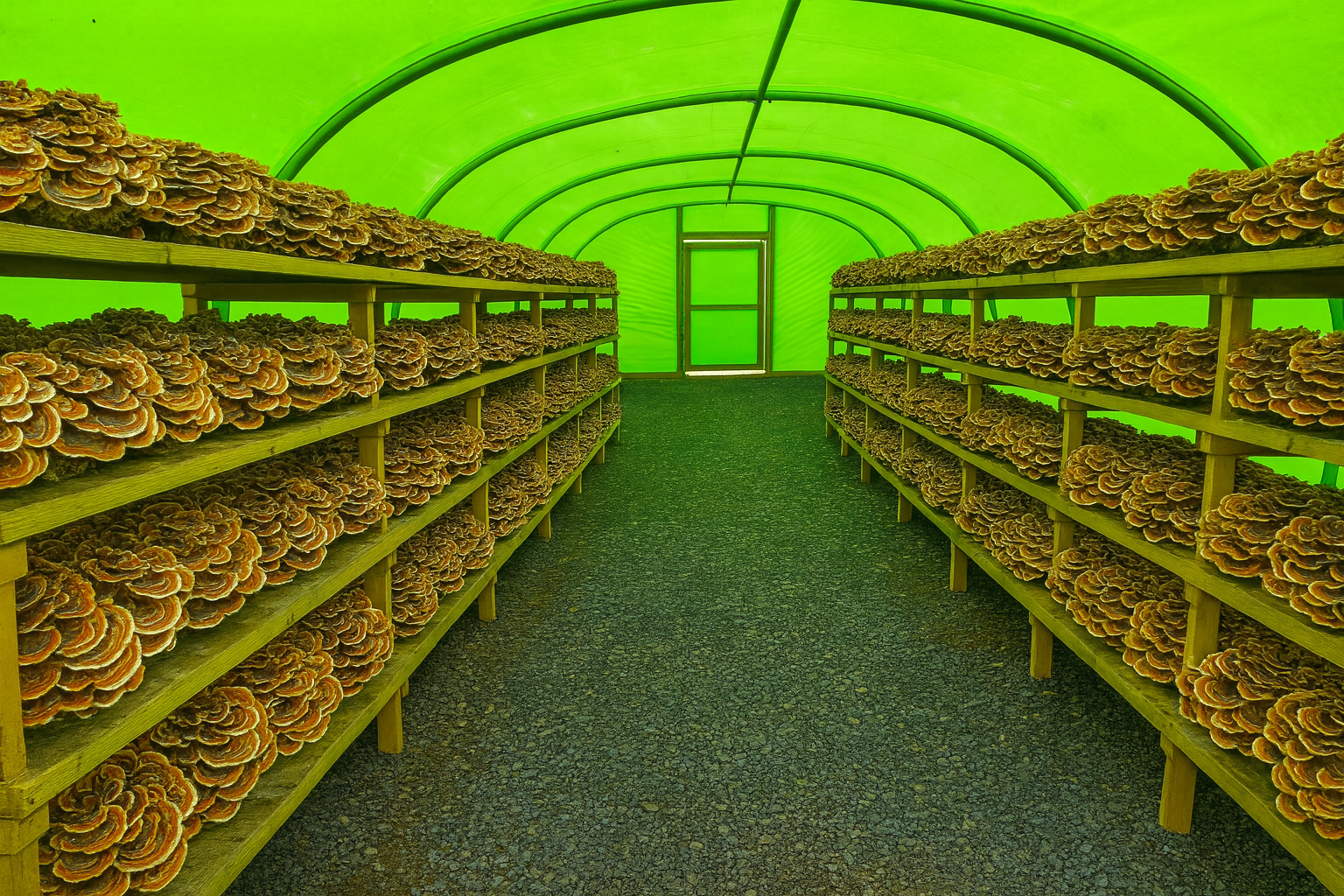 Turkey Tail growing in a pollytunnel in racks 